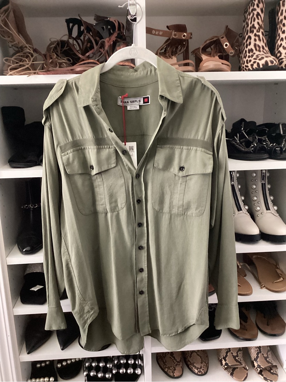 Zara SRPLS Olive Utility Button-Down Shirt